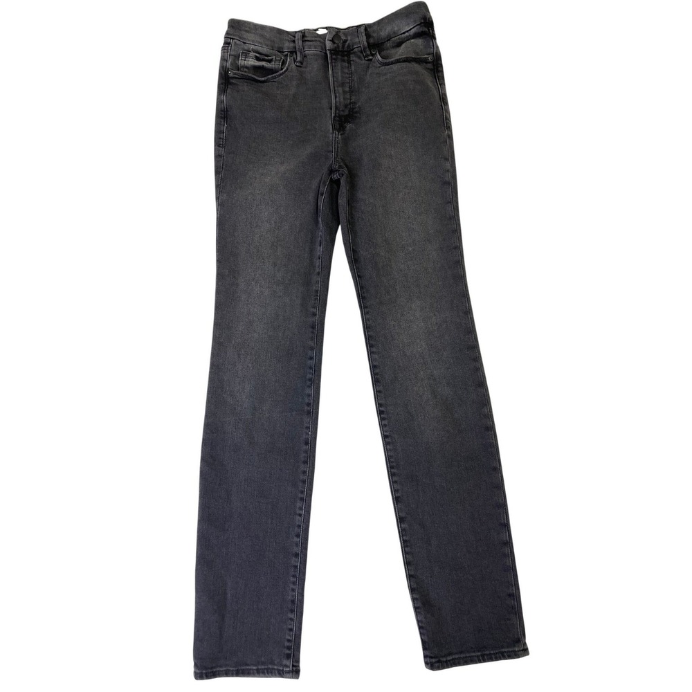 Good American Good Straight Jeans 29 Black Washed High Rise Grunge Goth